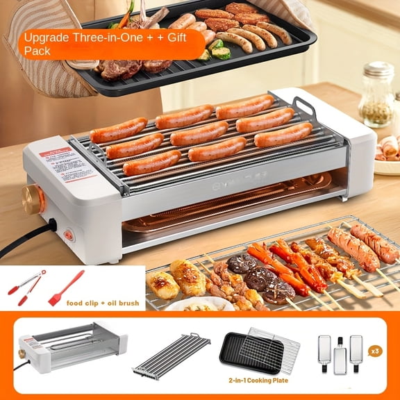 4-in-1 Sausage Grill with 3-Hand Plate & Oil Brush, Non-Stick Adjustable Temperature Pan, Detachable & Easy Clean for Kitchen Dorm
