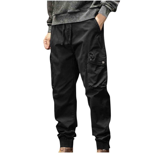 KIHOUT New Fall Winter Mens Cargo Jogger Pants Elastic Waist Drawstring Regular with Zipper Pockets Cotton Pants for Men