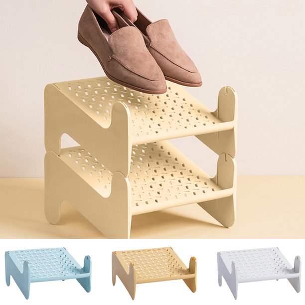Estantes de Almacenamiento, Zapatero Plegable y Apilable, Organizador de Zapatos Multicapa, Material Plástico Transpirable, Azul Claro, Amarillo y Blanco, 26 X 24,8 X 14 Cm, Resistente Al Agua y Al Ó