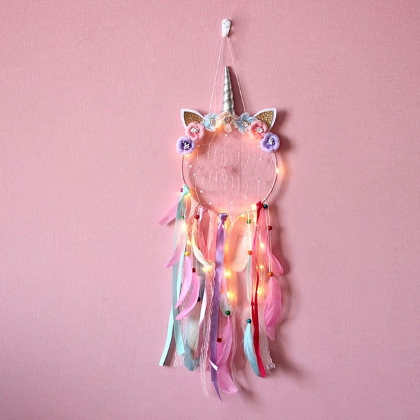 Rosa flotante alrededor de la lámpara: atrapasueños de unicornio con luz para niñas, atrapasueños de plumas con LED para decoración de dormitorio, regalo de cumpleaños para niñas.