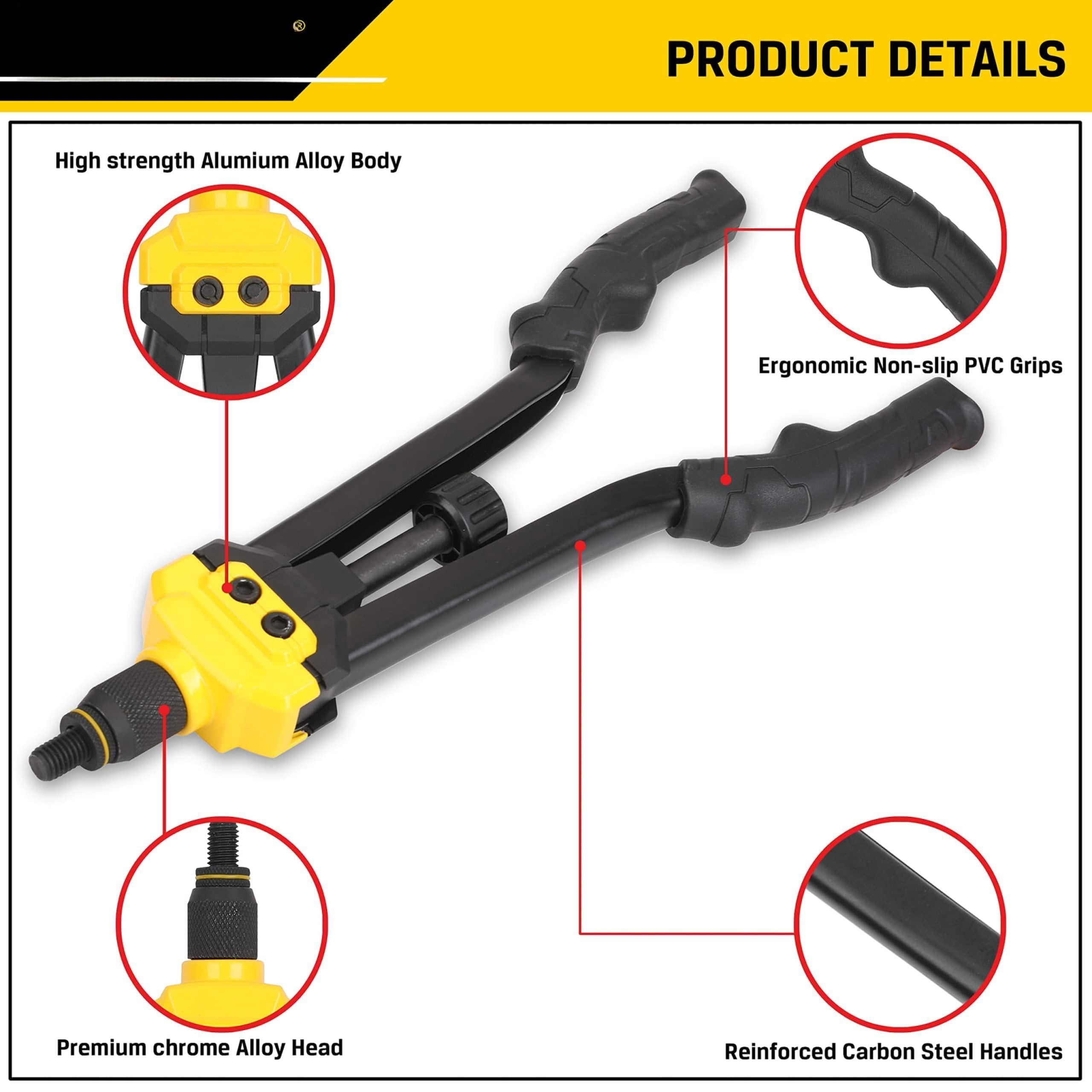 16" Rivet Nut Tool Kit With Auto Release  Heavy Duty Hand Riveter-13 Metric&sae Mandrels 130pcs Nutserts Long Arm Labor-saving Design For Automotive Metal & Marine - Includes Plastic Case