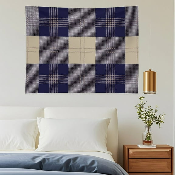 Khaki Navy Blue Tartan Plaid Wall Tapestry 30"x40" Lightweight, Wrinkle-Resistant Hanging Blanket for Bedroom Living Room Decor