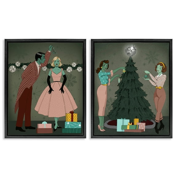 Stupell Industries Modern Festive Holiday Decorating Holiday Painting Black Floater Framed Canvas Art Print Wall Art, 17 x 21, Set of 2