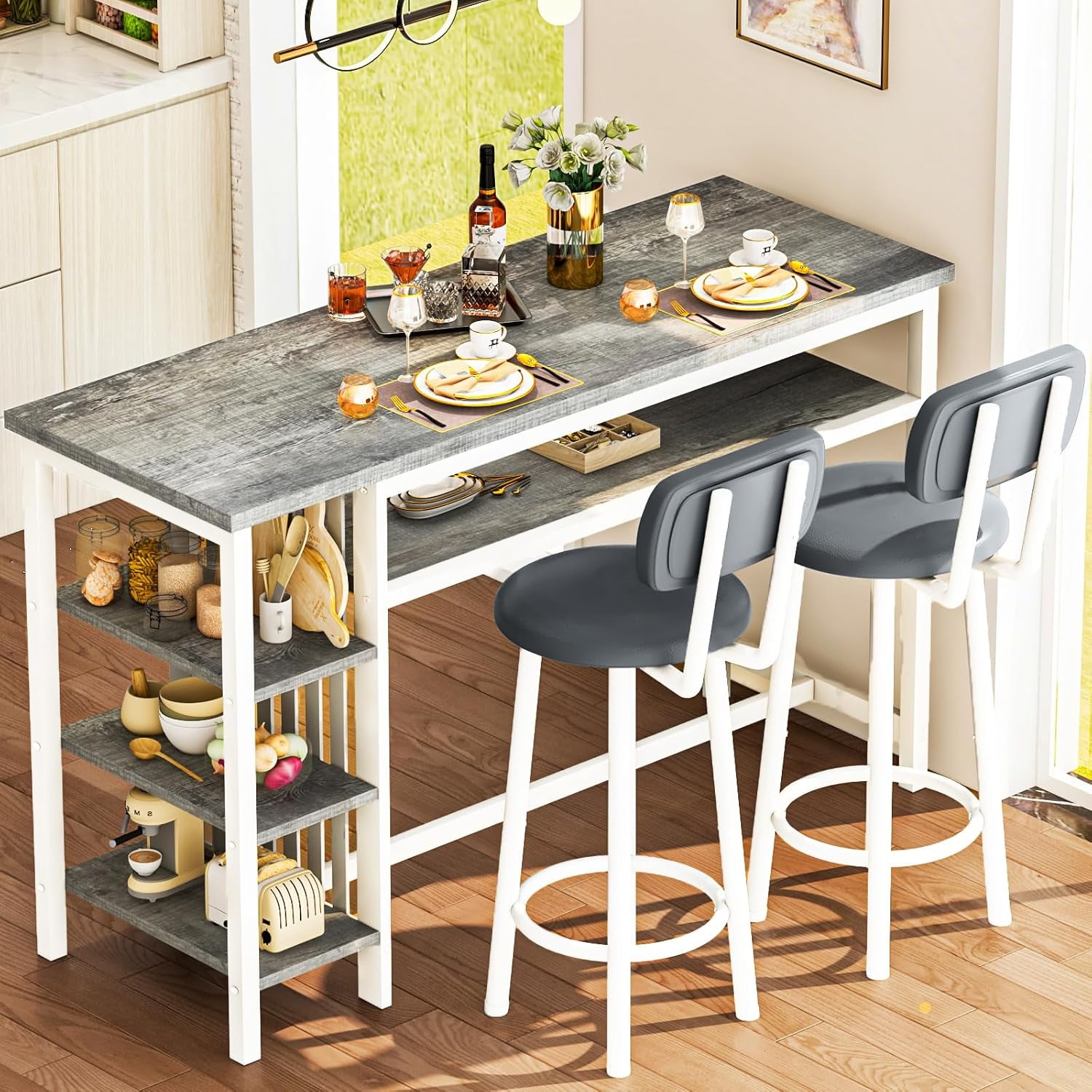 LinkRomat Bar Table and Chairs Set for 2, Marble Kitchen Island Table with 2 PU Bar Stools, Tall Kitchen Table and Chairs with Storage for Small Spaces, Home & Apartment, Gray
