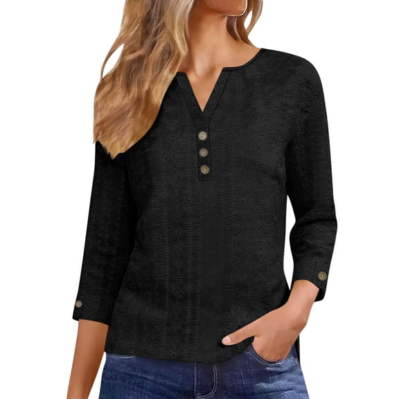 3/4 Sleeve Tops for Womens Eyelet Casual V-Neck Button Blouse Spring Summer Trendy Ladies Top
