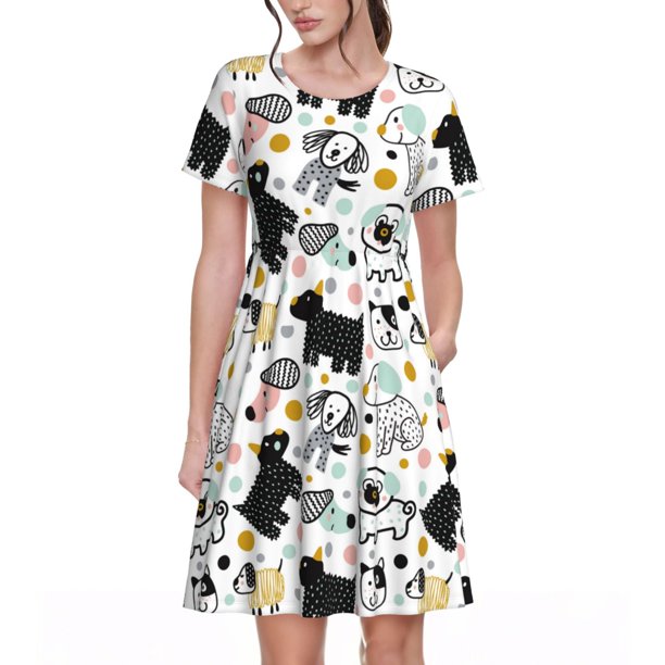 Disketp Funny Puppy para Vestido de Manga Corta para Mujeres, Vestidos de Verano para Mujeres, Casual y Holgado para la Playa