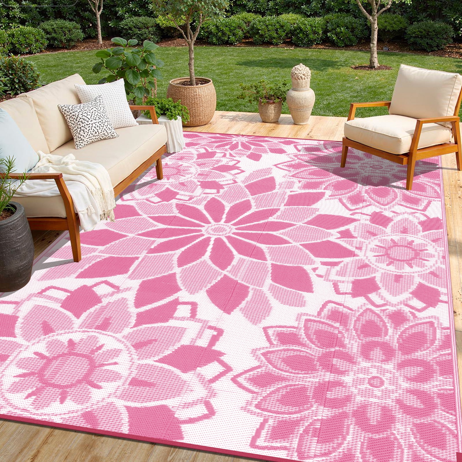 Findosom Outdoor Rug 6'x9' Reversible Waterproof Outdoor Patio Rug Mat Plastic Straw Rug Outdoor Area Rug Patio Camping Rug for RV Picnic Balcony Backyard Beach Outdoor Decor,Pink