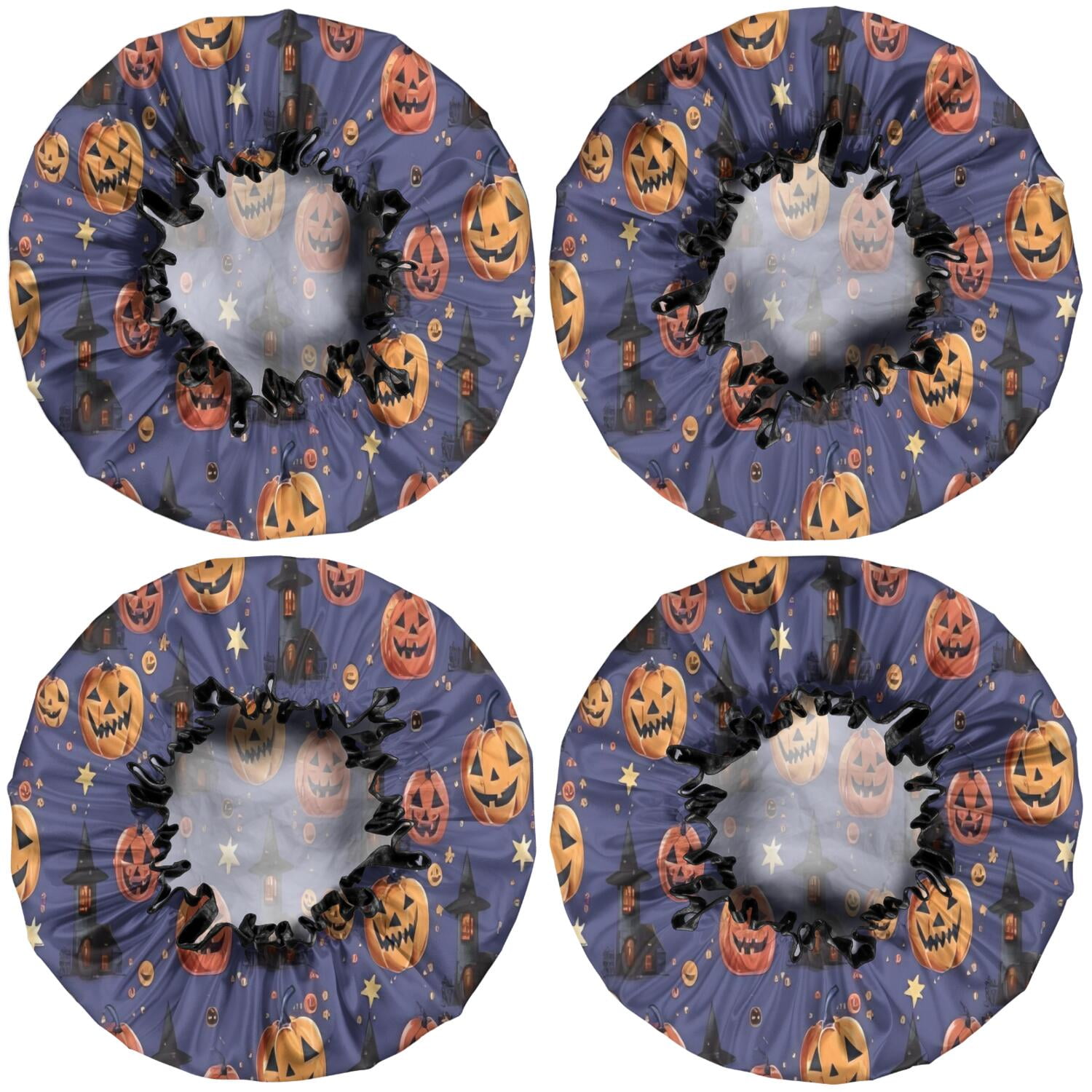 Shower Caps,Magical Pumpkin Castle Halloween Pattern Waterproof Shower Cap for Women 4 Pieces,Double Reusable Hair Cover for Shower PEVA Elastic Stretch Hem