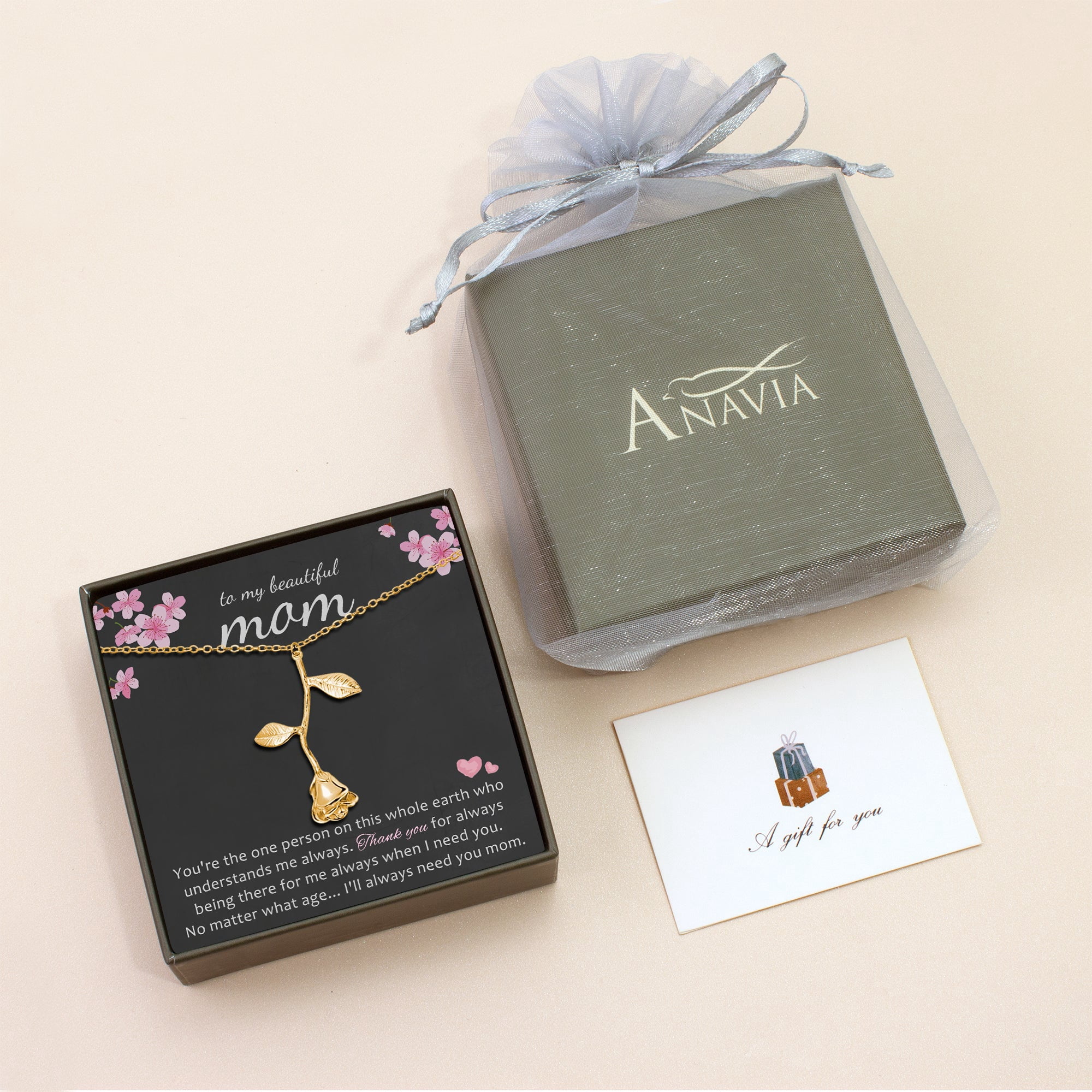 Anavia "To my beautiful Mom" Mother's Day Rose Necklace With Gift Card, Birthday gift for Mom from daughter [Gold]
