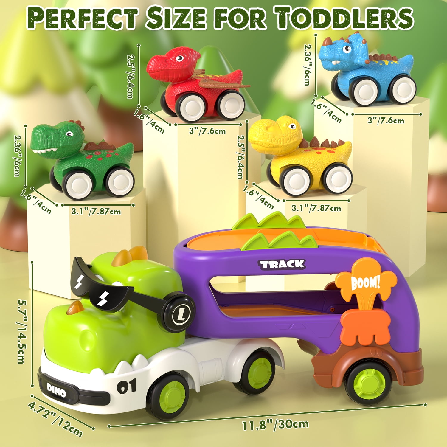 Toys for 2 Year Old Boys, Toddler Dinosaur Truck with Sounds & Lights, Toys Cars Set with Race Track, Pull Back Cars Baby Toys, Toys for Boys 2 to 4 Years Old, Best Birthday Christmas Gifts