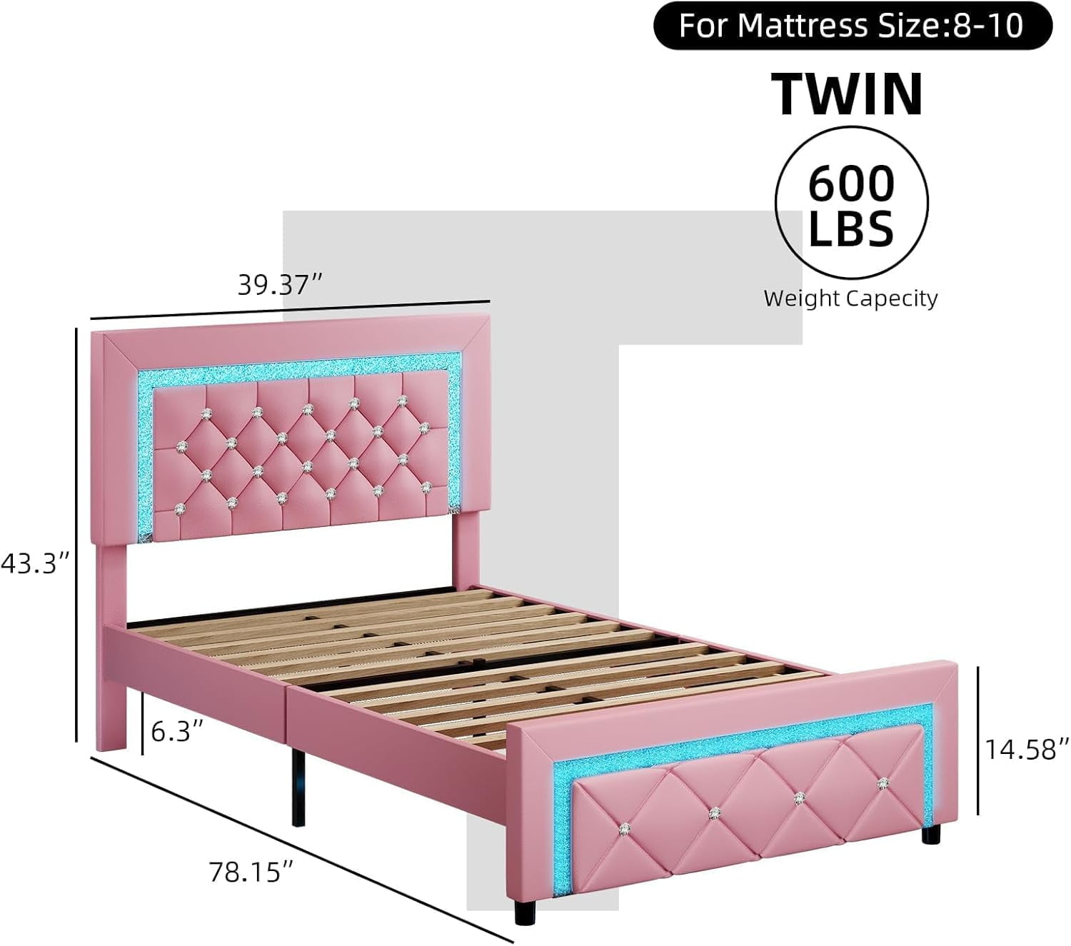 4 EVER WINNER Twin Size LED Bed Frame with Headboard，Upholstered Platform Bed Frame with LED Lights，Diamond Tufted Headboard and Footboard，Pink