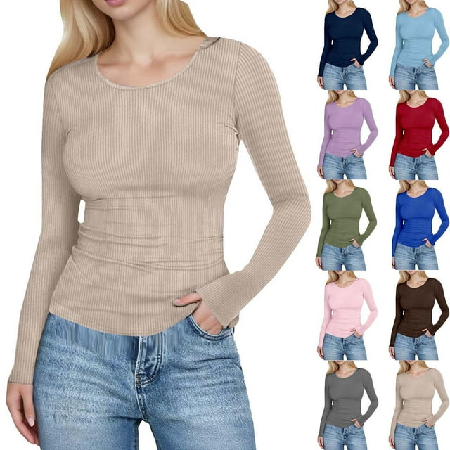 Qetyuw Long Sleeve Shirts for Women Crew Neck Ribbed Knit Slim Fit Tops Stretchy Basic Solid Y2K Shirt