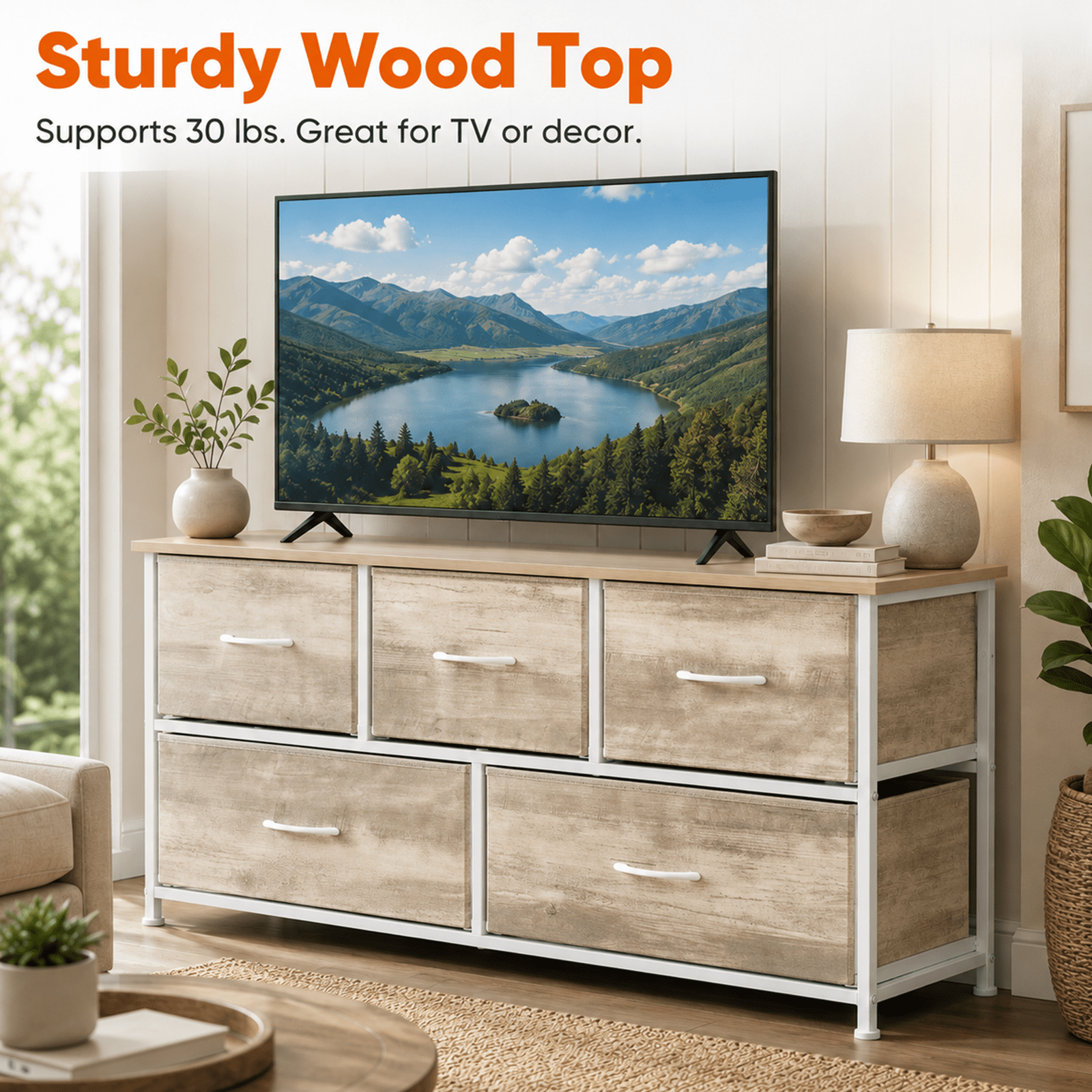 Alvantor Dresser for Bedroom with 4/5 Storage Drawers, Dressers Chest of Drawers Fabric Dresser with Sturdy Steel Frame, Wooden Top Cabinet Night Stand Dresser for Closet