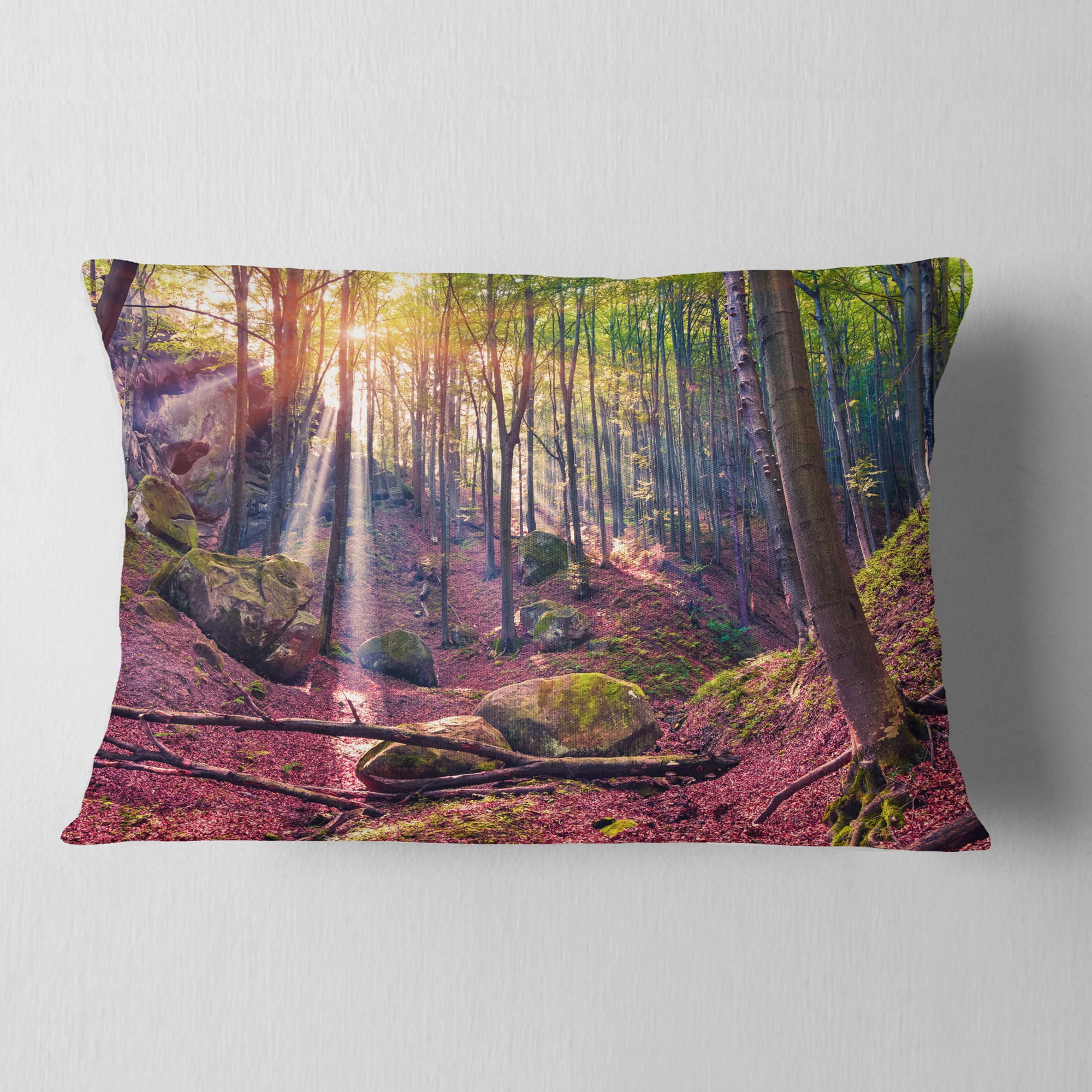 Designart Autumn Morning in Mystical Woods - Landscape Printed Throw Pillow - 12x20