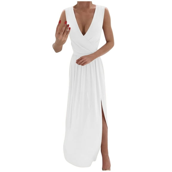 Bigersell Womens Dresses for Wedding Guest Women's Fashion Casual Loose Sleeveless Solid V-Neck Floor-Length Dress Women Slip Dress Style 10175, Female Asymmetrical Dresses White XXL