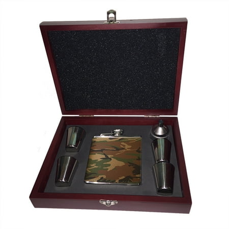 

KuzmarK 6 oz. Leather Flask Set in Rose Wood Presentation Box - Camouflage