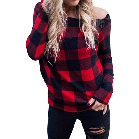 STARVNC Women Off Shoulder Plaid Pullover Long Sleeve Top