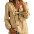 thumbnail image 3 of Womens Bow Tie Cotton Linen Babydoll Tops Lightweight Casual Trendy Fall Long Sleeve French Style Blouse Khaki 2XL, 3 of 6