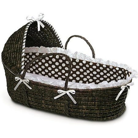 Badger Basket - Espresso Moses Basket with Hood and Brown Polka Dot Bedding