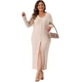 thumbnail image 3 of DARING DIVA Plus Size V Neck Ribbed Knit Button Down Bodycon Dress 1X Apricot, 3 of 6