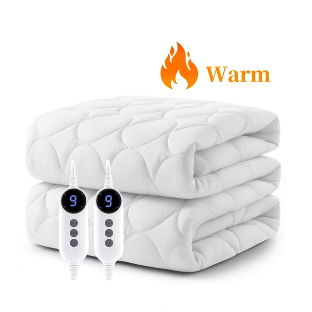 JUSTLET Couvre-Matelas Chauffant Format Grand, Réchauffe-Lit Électrique avec 9 Réglages de Chaleur, Double Contrôleur et Arrêt Automatique 2 à 10 Heures, Blanc