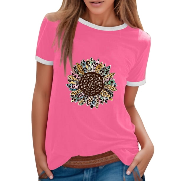Gibobby Playera de Verano para Mujer Blusa informal con cuello redondo para mujer, camiseta manga corta con estampado girasoles en color, camiseta super(Rosa,G)