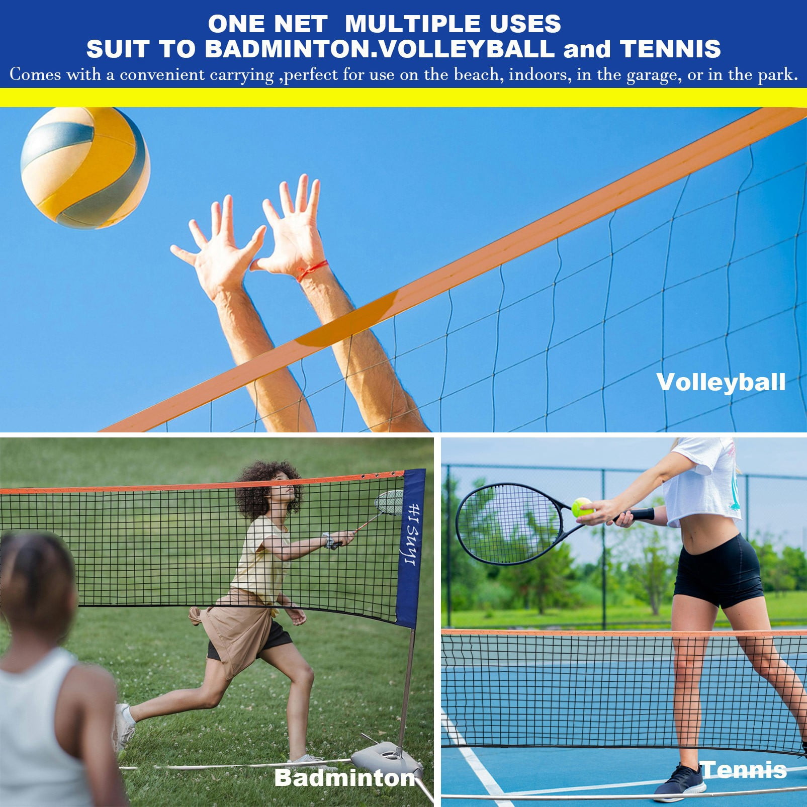 5.1m/17ft Portable Height Adjustable Badminton Volleyball Tennis Net Set Multi-purpose Sports Equipment with Poles Stand and Carry Bag for Kids Adult Outdoor Exercise