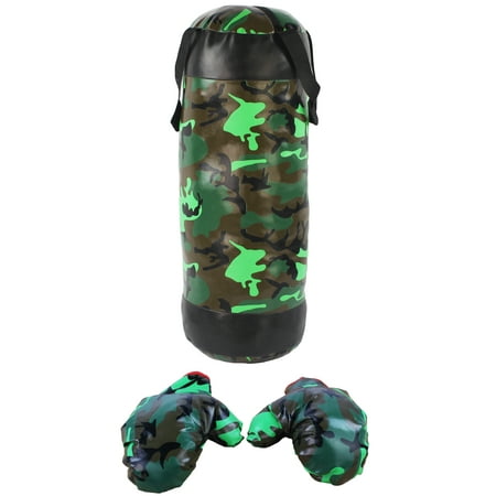 Package Includes: Military Camouflage Camo Themed Kid's Toy Boxing Punching Bag Set w/Stuffed Punching Bag, Pair of Soft Padded Boxing Gloves,