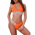 thumbnail image 1 of INSPIRAR CHIC Conjuntos de Bikini de Rayas Onduladas en Bloque de Color para Mujeres de 2 Piezas con Top Halter y Parte Inferior en Forma de V Trajes de Baño Pequeños Naranja, 1 of 5