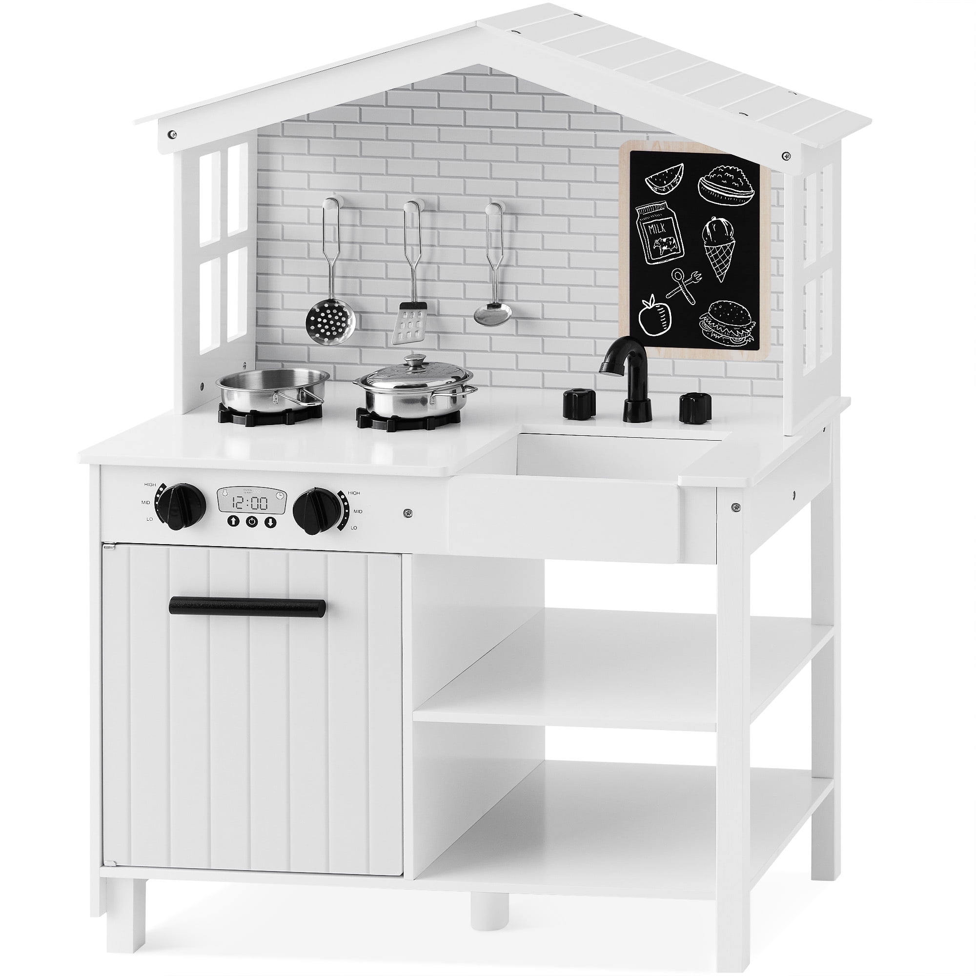 Best Choice Products Farmhouse Play Kitchen Toy for Kids w/ Chalkboard, Storage Shelves, 5 Accessories - Chalk