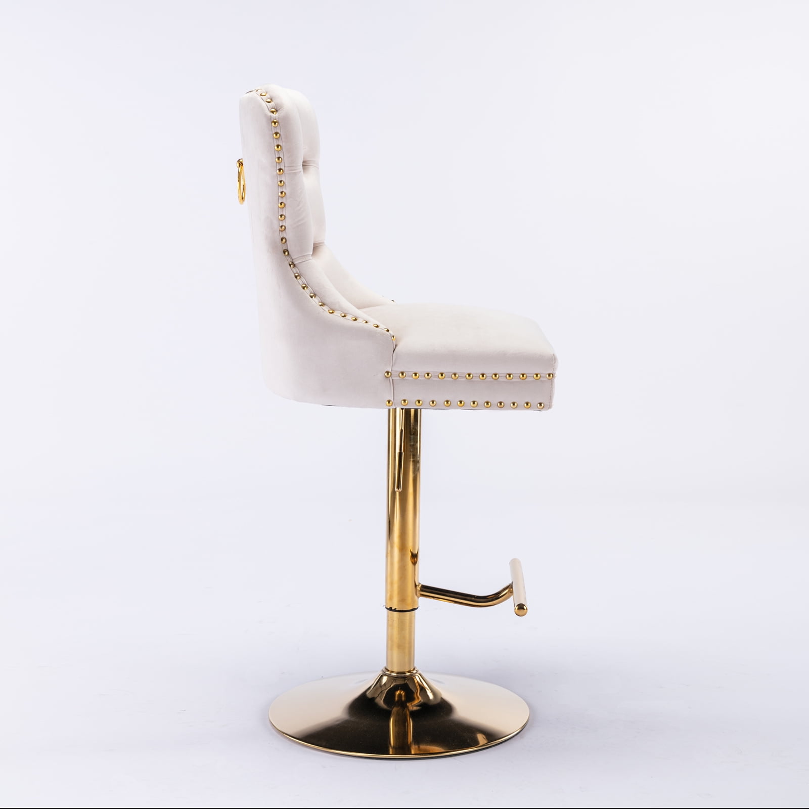 Yoneston Bar Stools Set of 2, Adjustable Height Bar Stools with Tufted Velvet Upholstery, Nailhead Trim & Gold Metal Base, Modern Counter Stools for Pub, Kitchen Island, Beige