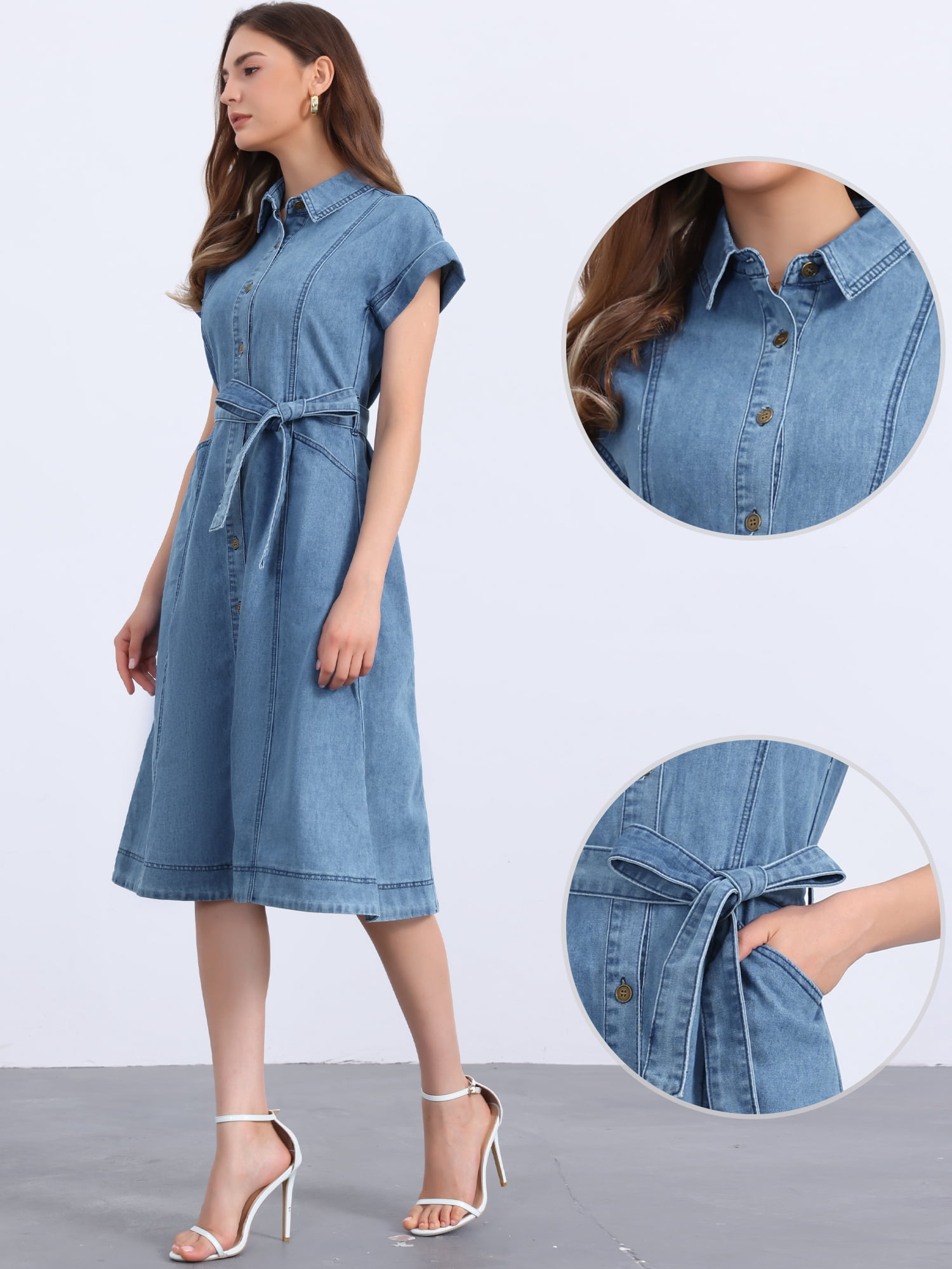 DARING DIVA Denim Shirt Button Down Short Sleeves  Dress XS Light Blue