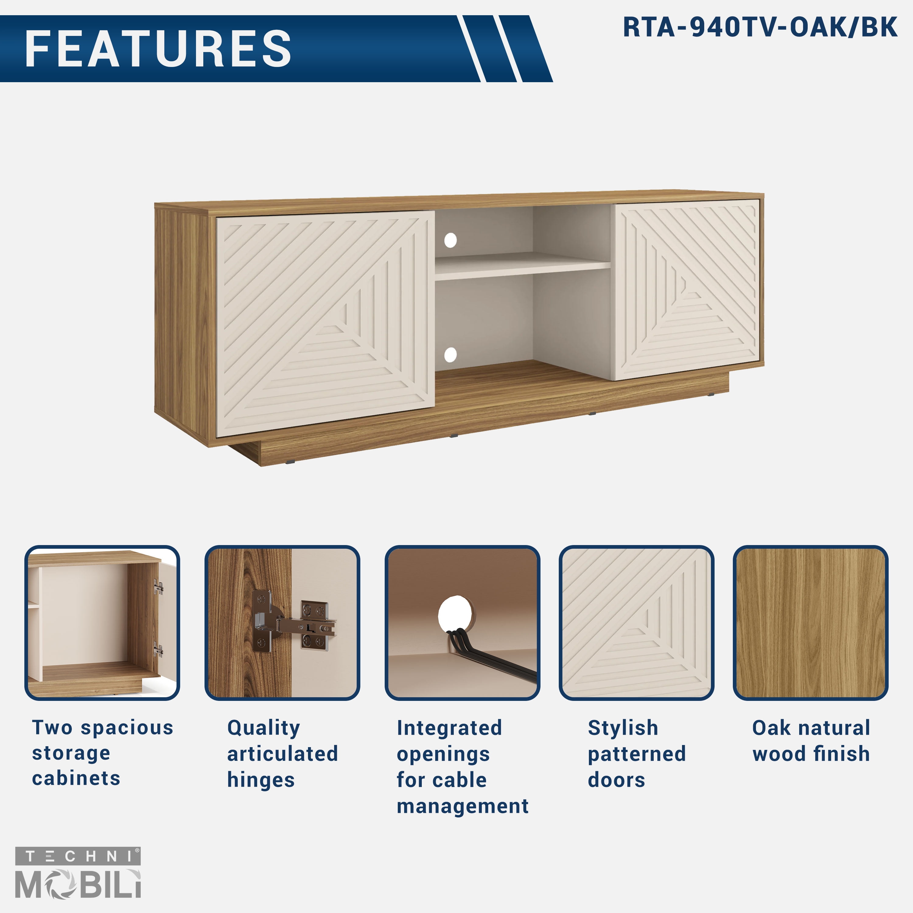 Techni Mobili Modern TV Stand for TV’s up to 70” with 2 Storage Cabinets with Patterned Doors, Oak RTA-940TV-OAK