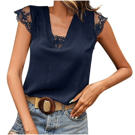 

Maternity Blouses Women Casual V-Neck Short Sleeve Solid Pullover Blouse T-shirt Tops Loose Backless Lace Graphic Tees for Women Navy L