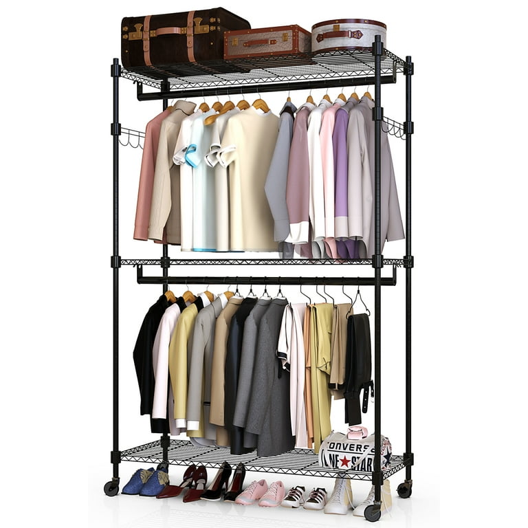 SONGMICS Industrial Pipe Clothes Rack Bundle with 50 Clothes Hangers,  Rolling Garment Rack with Bottom Storage Shelf, Space-Saving Plastic  Hangers