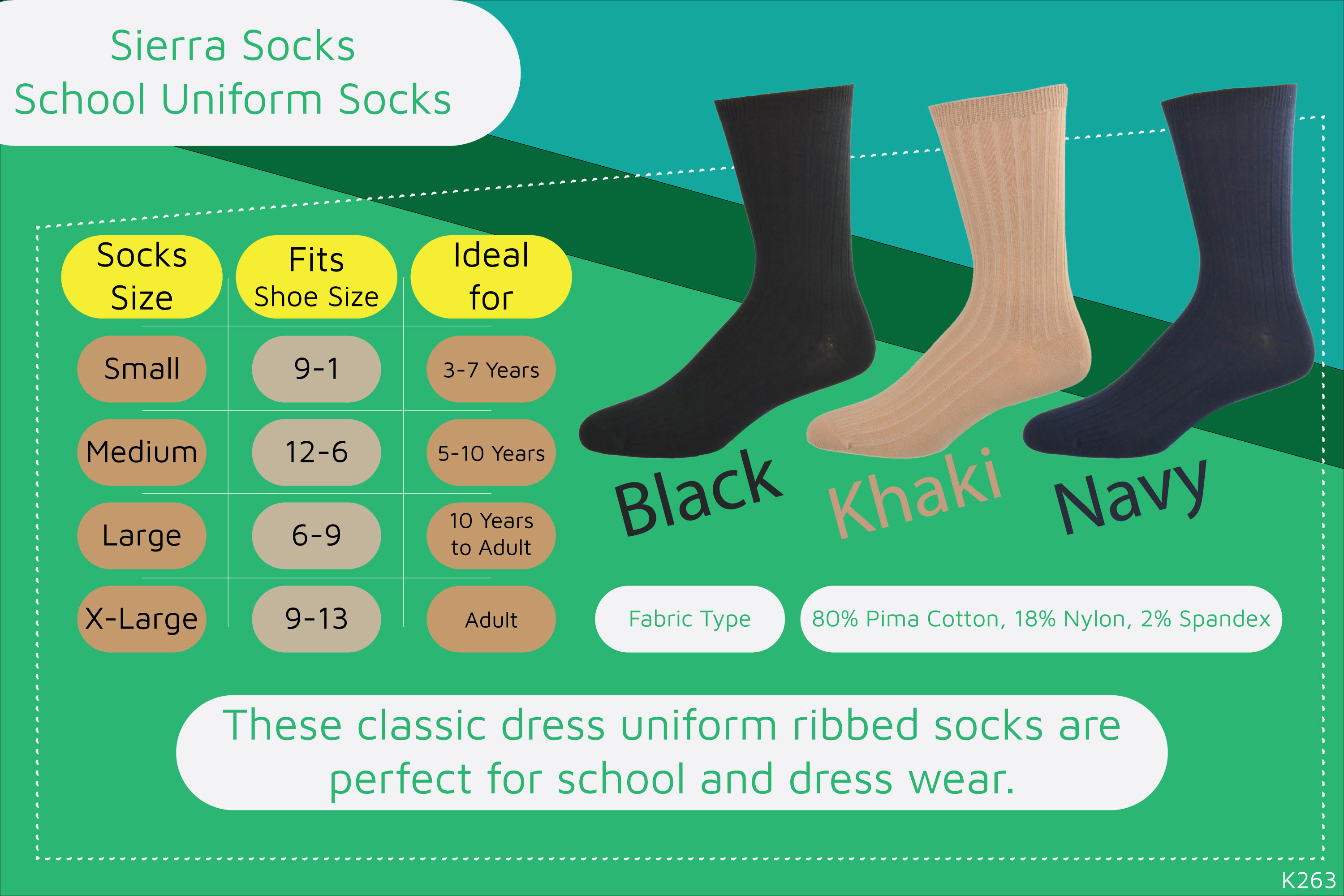 Sierra Socks Big Boys and Girls (Unisex) Classic Dress Uniform Ribbed 3 Pair Pack Crew Socks K263 - image 5 of 5