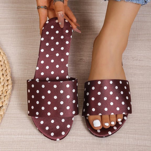 Samdudou Womens Summer Shoes Casual Flat Sandals Classic Polka Dot Print Open Toe Slip On Slides Wide Strap Smooth Fabric Beach Pool Vacation Footwear for Ladies