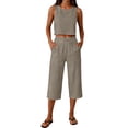 thumbnail image 3 of Women's 2-Piece Linen-Look Lounge Set, Sleeveless Crop Top with High Waist Drawstring Capri Pants, Summer Casual Beach Vacation Outfit Khaki S, 3 of 7