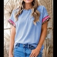 thumbnail image 4 of Camiseta de Verano para Mujer con Cuello Redondo, de Punto con Cordón y Estampado de Leopardo Azul M, 4 of 7