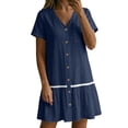 thumbnail image 5 of Ygbgbb Women's Linen-Blend Mini Dress, V-Neck Short Sleeve with Button Front & Lace Trim, Casual Summer Tunic Dress Navy XL, 5 of 8