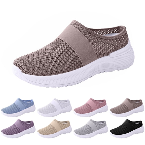 longantii Orthopedic Dress Shoes for Women Arch Support Non Slip Slip on Golf Shoes Breathable Knitted Mesh Stretch House Shoes Soft 2026 Orthopedic Shoes Coffee