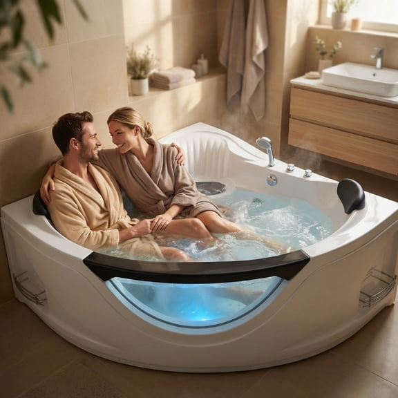59" Corner Whirlpool Bathtub for 2-Person, Luxury Jetted Spa Tub with 6 Hydro Massage Jets, Chromatherapy LED Lights &Pneumatic adjust system, UL Certified water pump,UPC Certified drainer