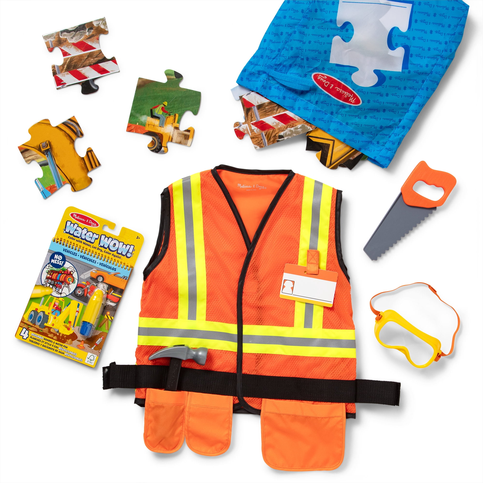 Melissa & Doug Construction 3-in-1 Deluxe Collection Themed Gift Set – Costume Role Play, Puzzle, Water WOW! - FSC Certified