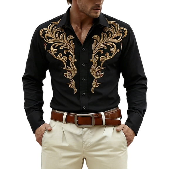 CONZONE Men's Buttons Down Shirts Long Sleeve Shirts For Men Trendy Western Cowboy Graphic Lapel Soft Lightweight Tops