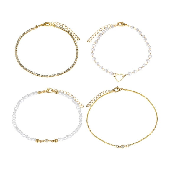 SUSHANG 4 Piece Hollow Heart Bracelets 4PCs Gold Bracelets for Women Real Gold Plated Dainty Trendy Stackable Stacking Bracelets Chain Charm Link Paperclip Beaded Bracelet