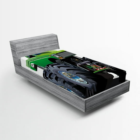 Ambesonne Cartoon Fitted Sheet, Monster Pickup Truck, Twin XL Size, Green Grey