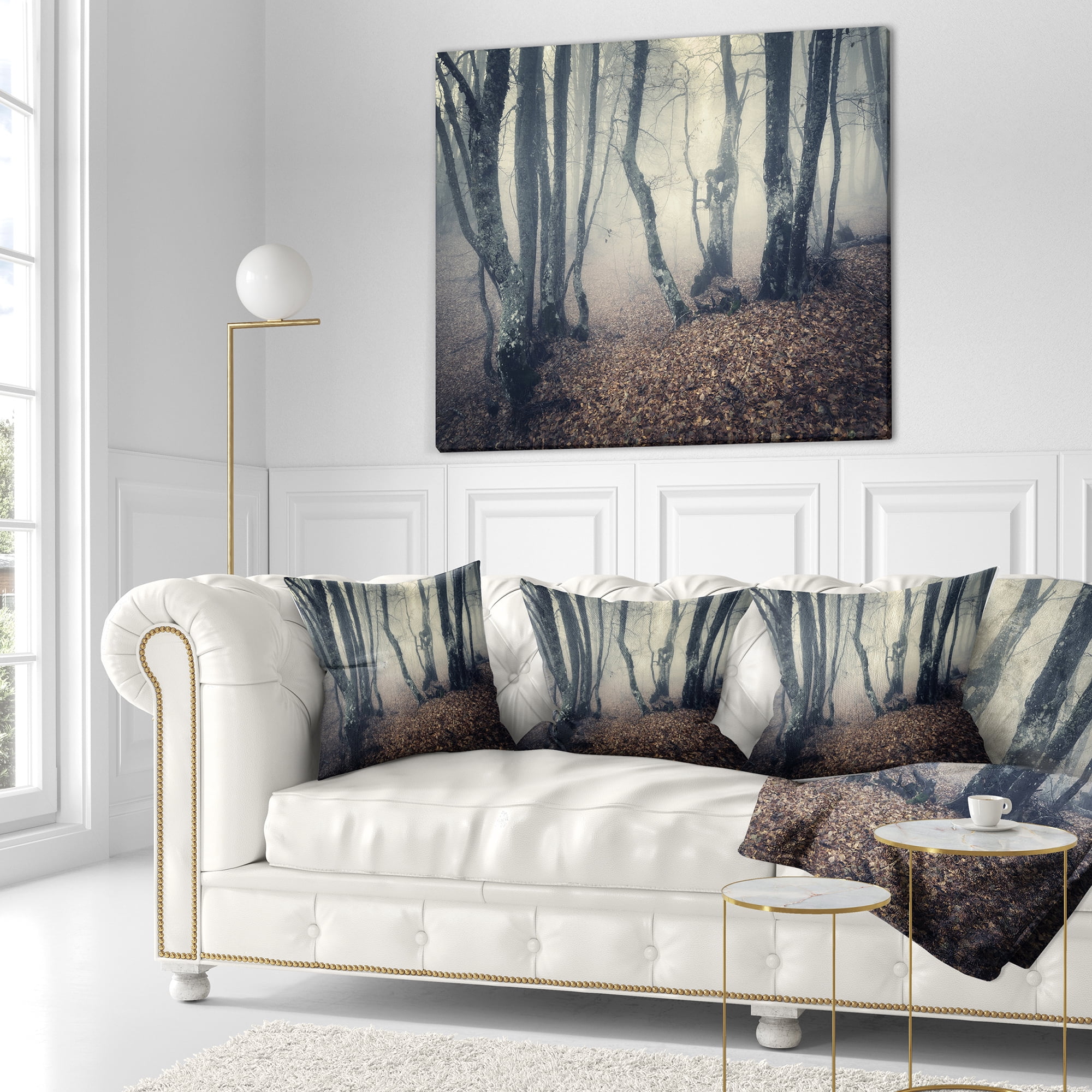 Designart Mystical Yellow Fog in Fall Forest - Landscape Photography Throw Pillow - 16x16