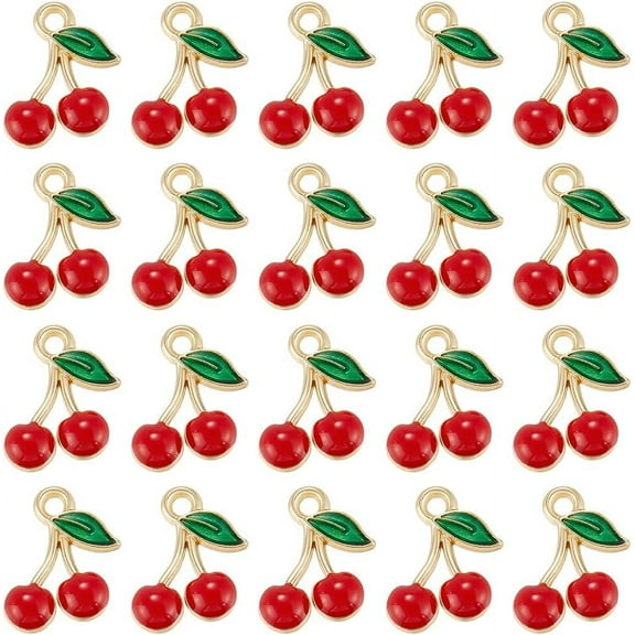 1 Box 60Pcs Red Cherry Charm Enamel Fruit Charms Bulk Golden Metal Alloy Fruits Food Cherries Mini Dangle Charm