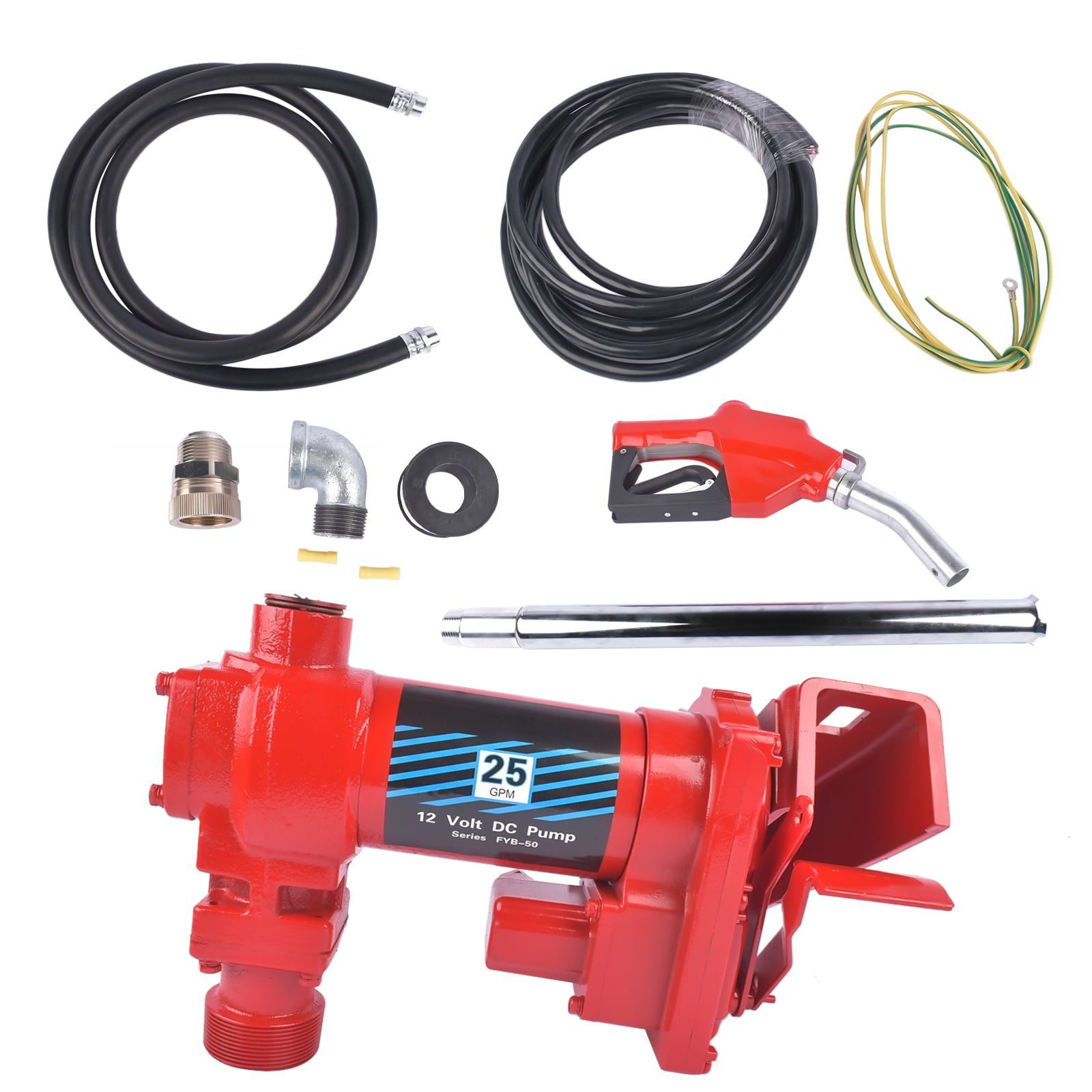 Mustrod High Flow 12V 25 GPM Fuel Transfer Pump Cast Iron w/Automatic Nozzle & Hose for Gasoline Diesel