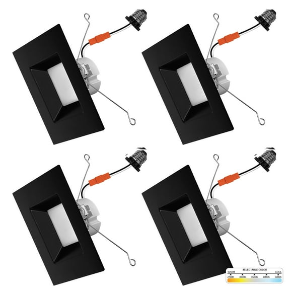 NUWATT 4 Pack, Black 6 Inch Square LED Can Lights, CCT 2700K/3000K/3500K/4000K/5000K Selectable, 1100 Lumen, 14W, Dimmable, 6in Square Retrofit Recessed Lighting, 6" Black Square Light, ETL, Wet Rate
